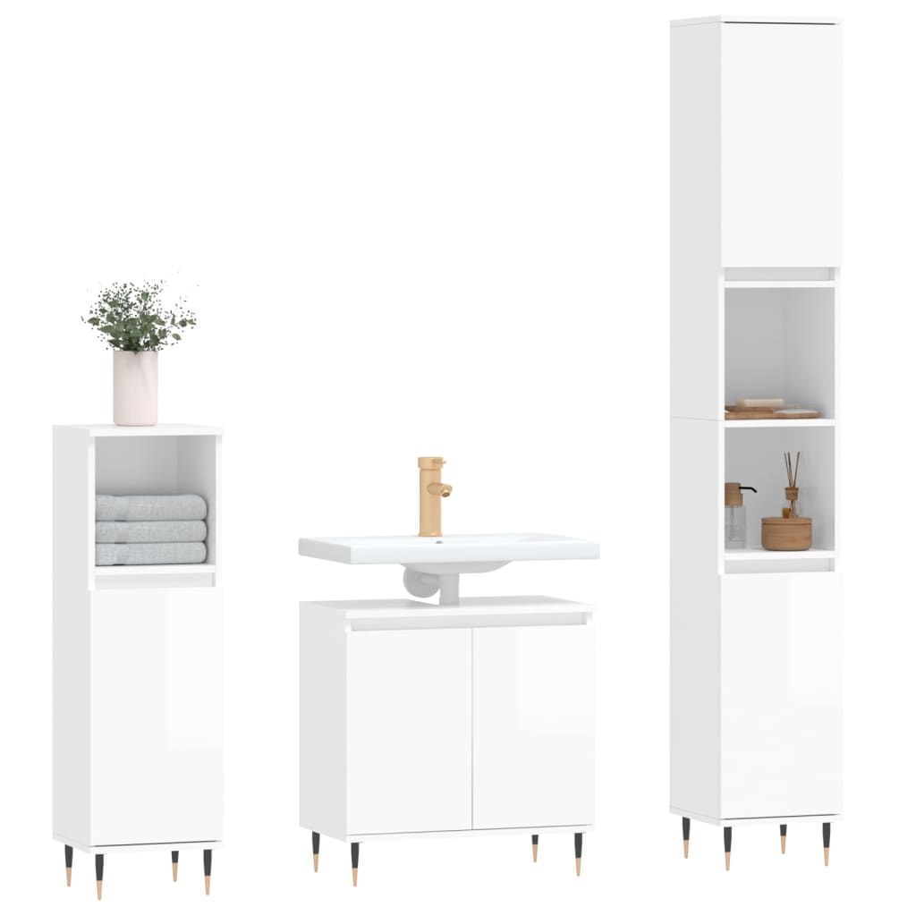 Set Mobili da Bagno 3 pz Bianco Lucido in Legno Multistrato 3187783