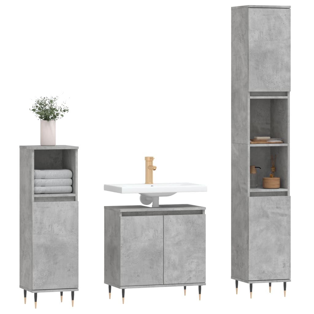 Set di Mobili da Bagno 3 pz Grigio Cemento in Legno Multistrato 3187785