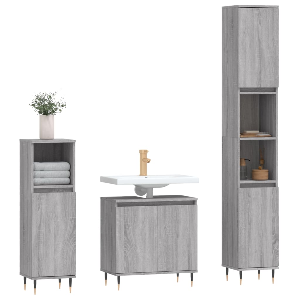 Set Mobili da Bagno 3 pz Grigio Sonoma in Legno Multistrato 3187787