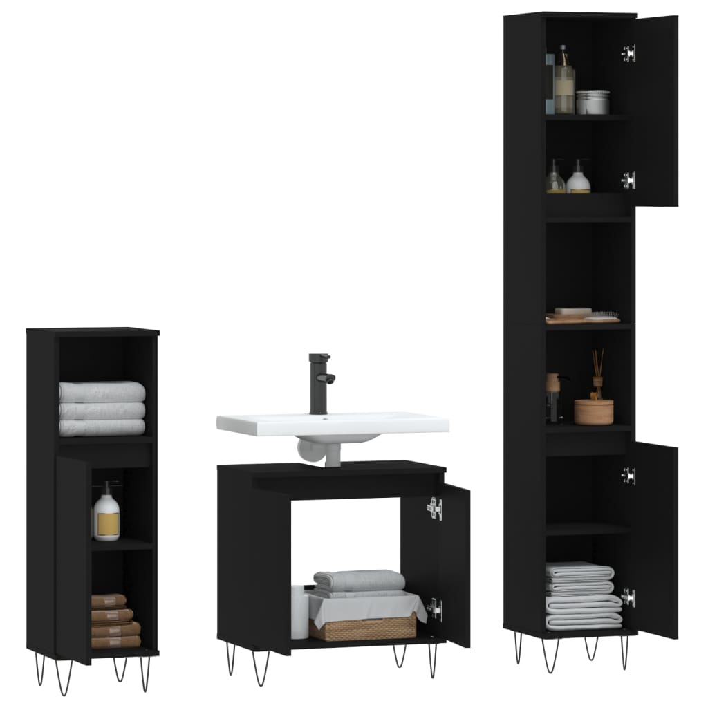 Set di Mobili da Bagno 3 pz Nero in Legno Multistrato 3187790