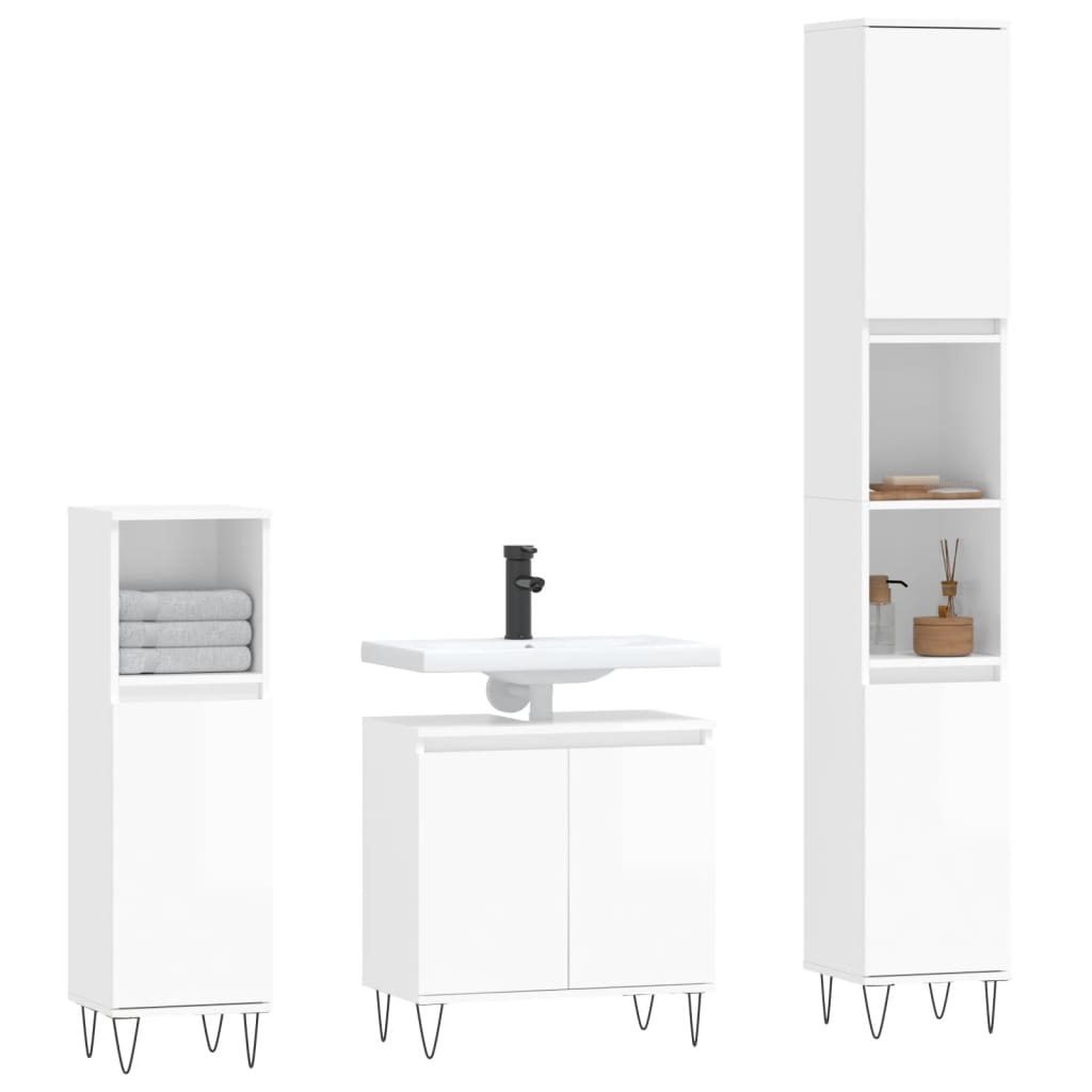 Set Mobili da Bagno 3 pz Bianco Lucido in Legno Multistrato 3187791