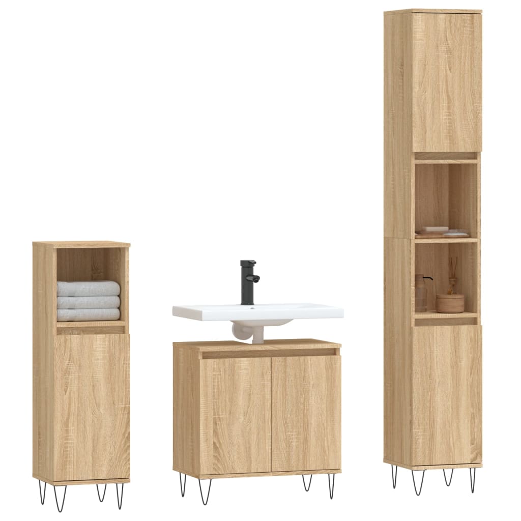 Set di Mobili da Bagno 3 pz Rovere Sonoma in Legno Multistrato 3187792