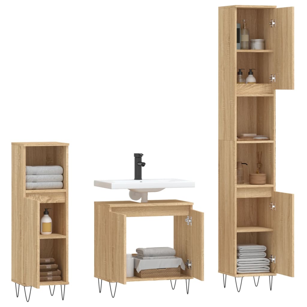 Set di Mobili da Bagno 3 pz Rovere Sonoma in Legno Multistrato 3187792