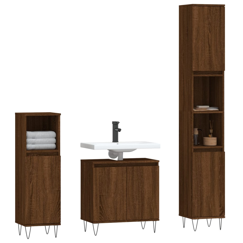 Set Mobili da Bagno 3 pz Rovere Marrone in Legno Multistrato 3187796