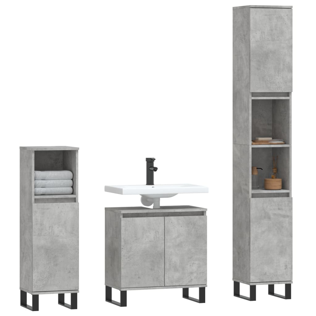 Set di Mobili da Bagno 3 pz Grigio Cemento in Legno Multistrato 3187801