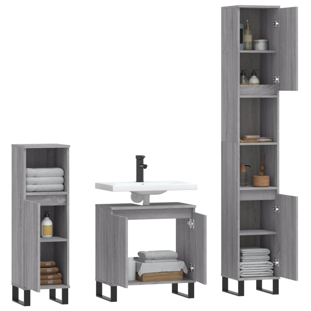 Set Mobili da Bagno 3 pz Grigio Sonoma in Legno Multistrato 3187803