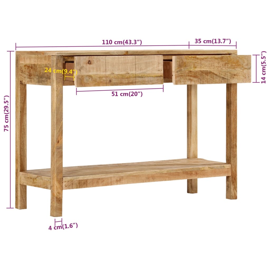 Tavolo Consolle con 2 Cassetti 110x35x75cm Legno Massello Mango 354982