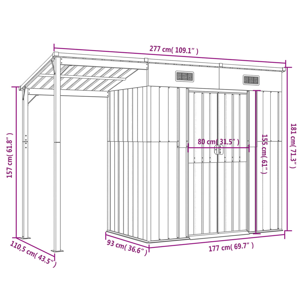 Capannone Tetto Esteso Grigio Chiaro 277x110,5x181cm Acciaio 364525