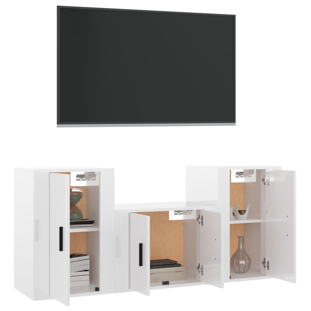 Set Mobili Porta TV 3 pz Bianco Lucido in Legno Multistrato 3188384