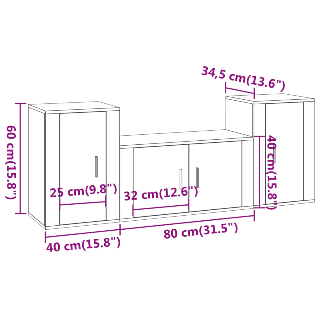 Set di Mobili Porta TV 3 pz Rovere Sonoma in Legno Multistrato 3188505