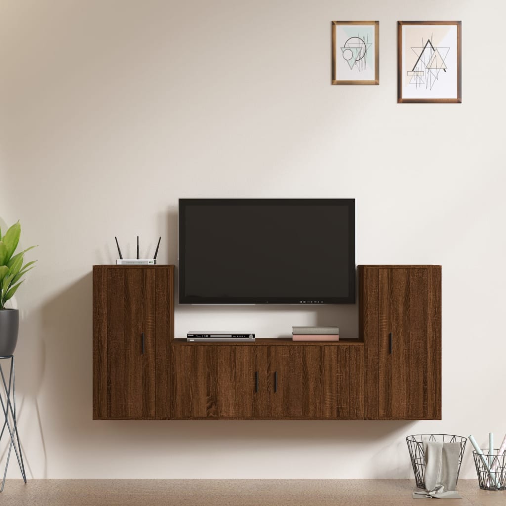 Set Mobili Porta TV 3 pz Rovere Marrone in Legno Multistrato 3188541