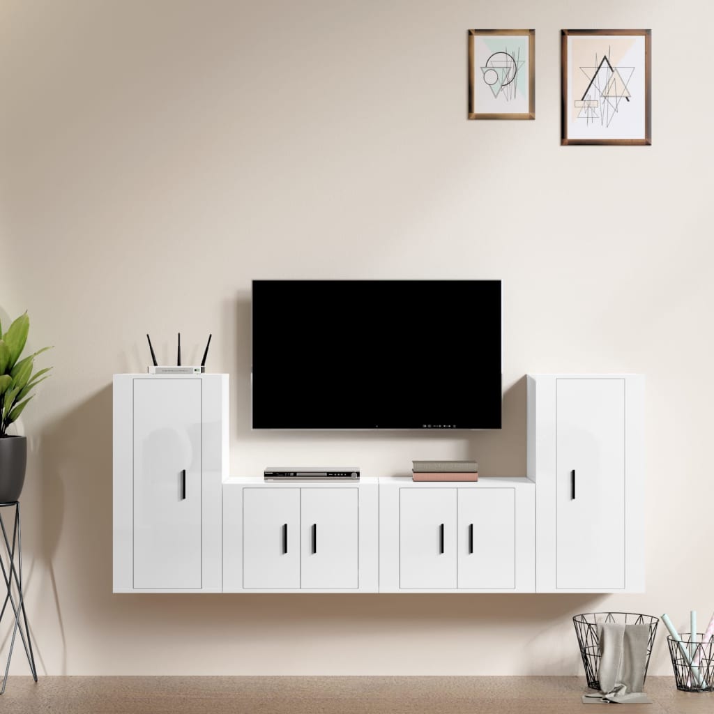 Set di Mobili Porta TV 4 pz Bianco Lucido in Legno Multistrato 3188552