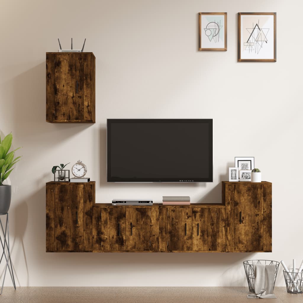 Set di Mobili Porta TV 5 pz Rovere Fumo in Legno Multistrato 3188571