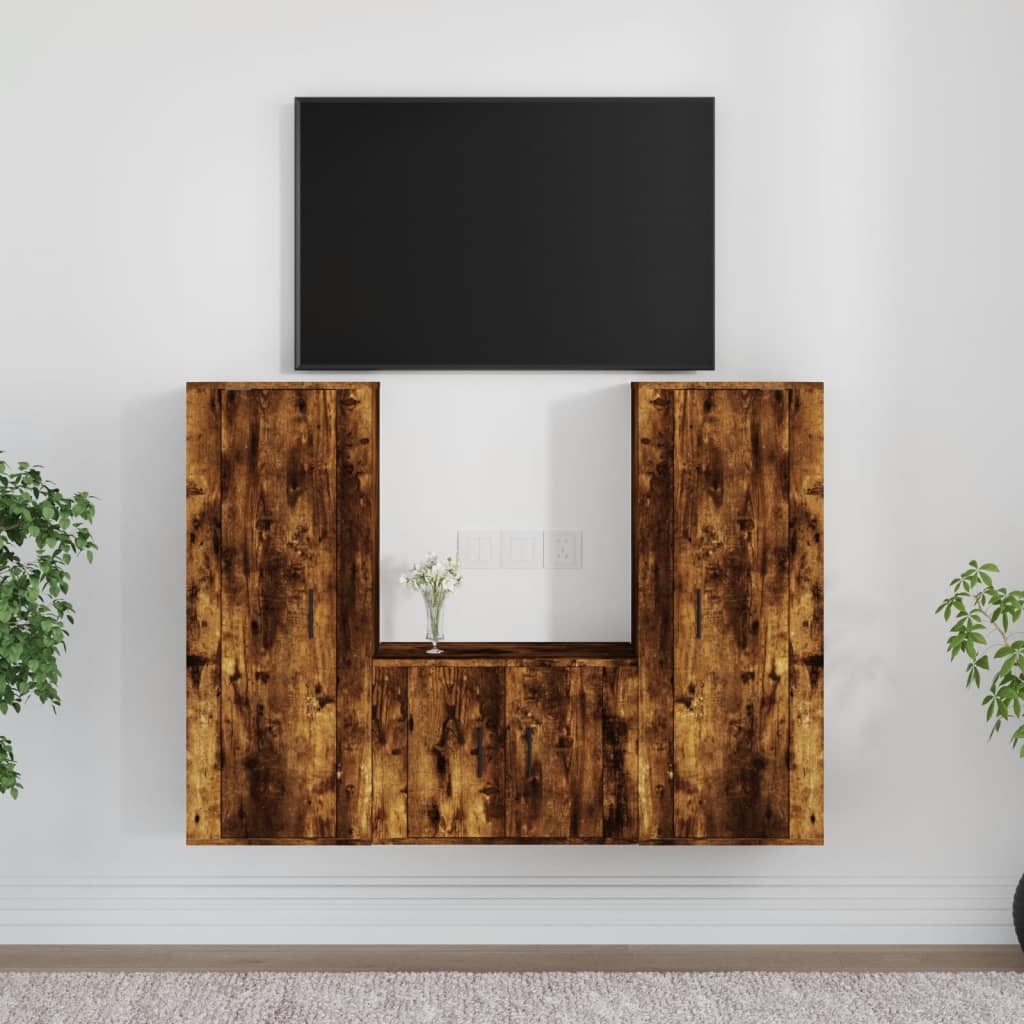 Set Mobili Porta TV 3 pz Rovere Fumo in Legno Multistrato 3188747