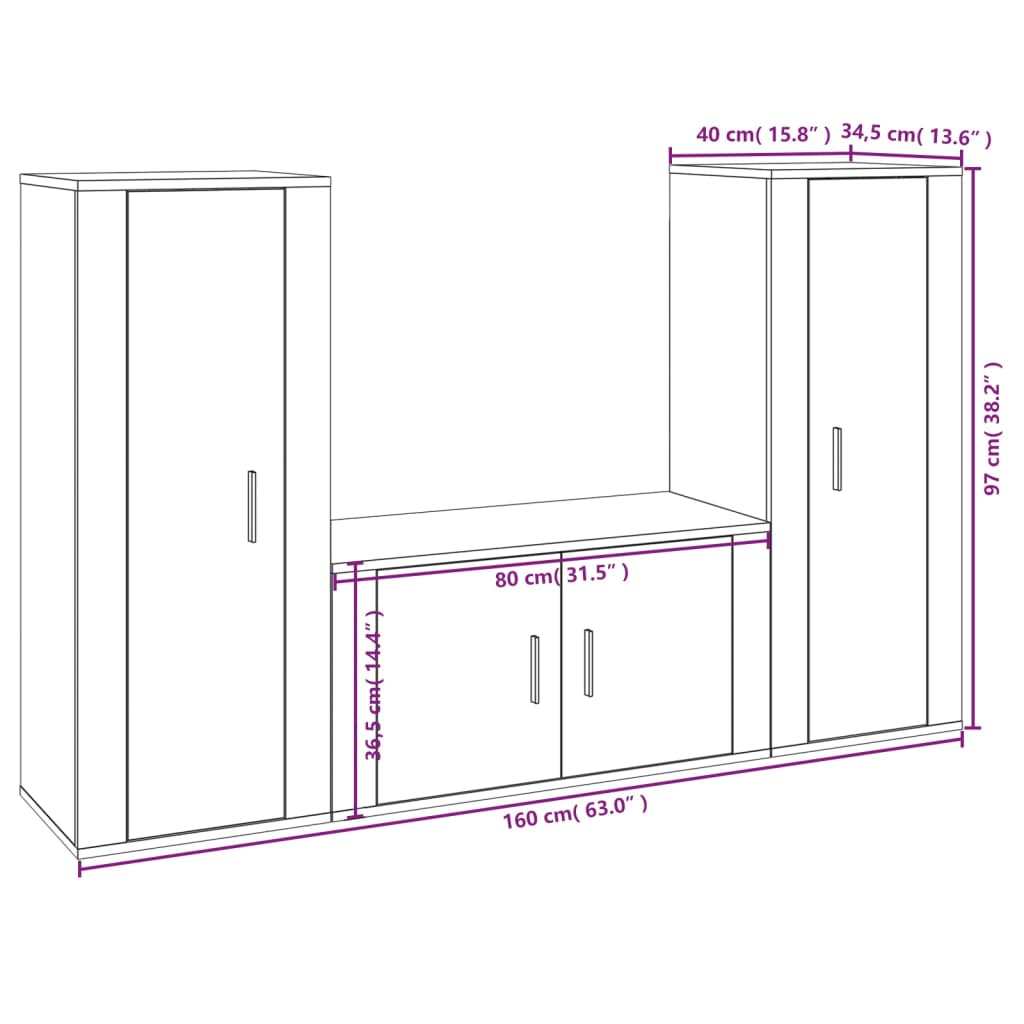 Set Mobili Porta TV 3 pz Nero in Legno Multistrato 3188751