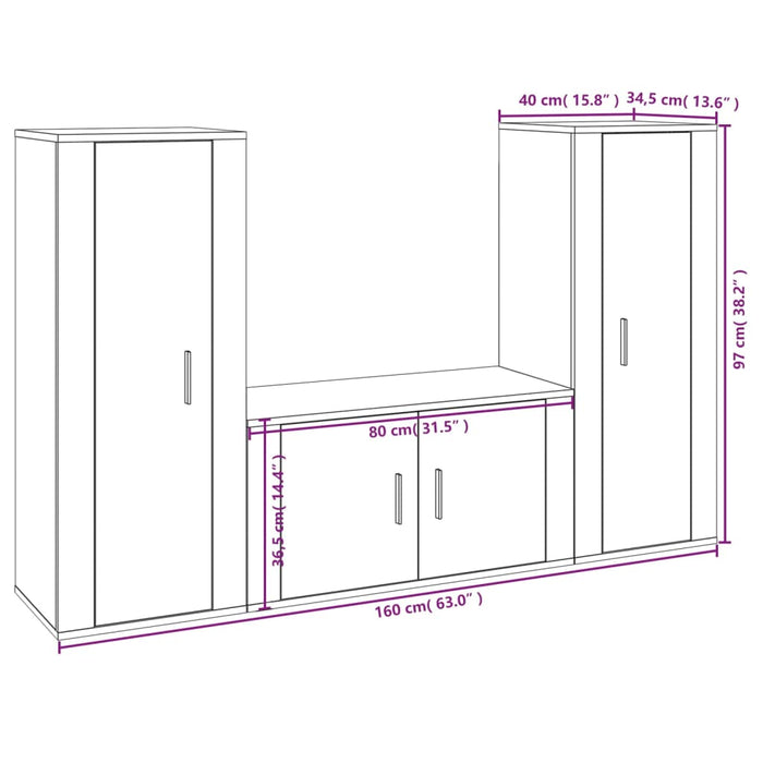 Set Mobili Porta TV 3 pz Bianco Lucido in Legno Multistrato 3188752