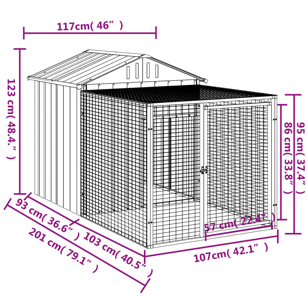 Pollaio con Area Corsa Antracite 117x201x123 cm Acciaio Zincato 172353