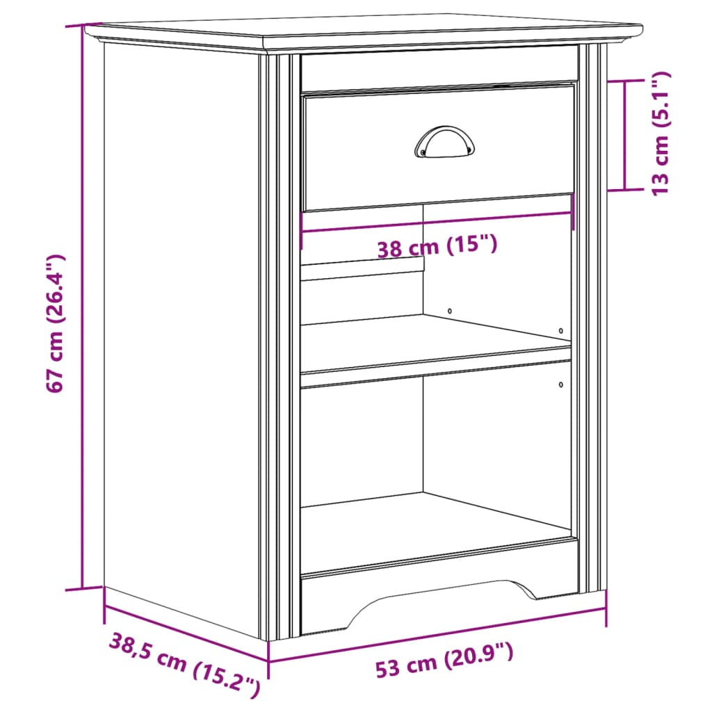 Comodino BODO 53x38,5x66 cm in Legno Massello di Pino Marrone 355054