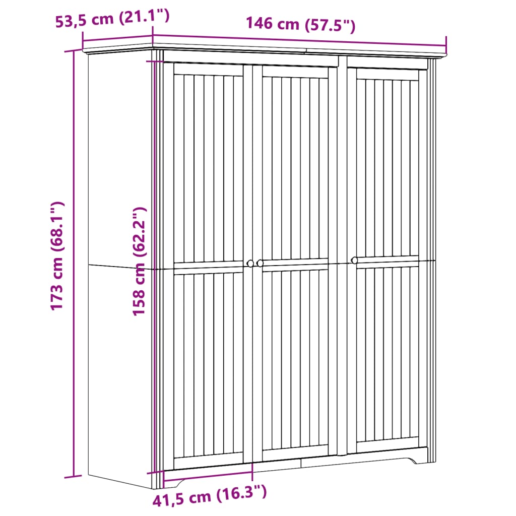 Armadio BODO 151,5x52x176,5 cm in Legno Massello di Pino Bianco 355062