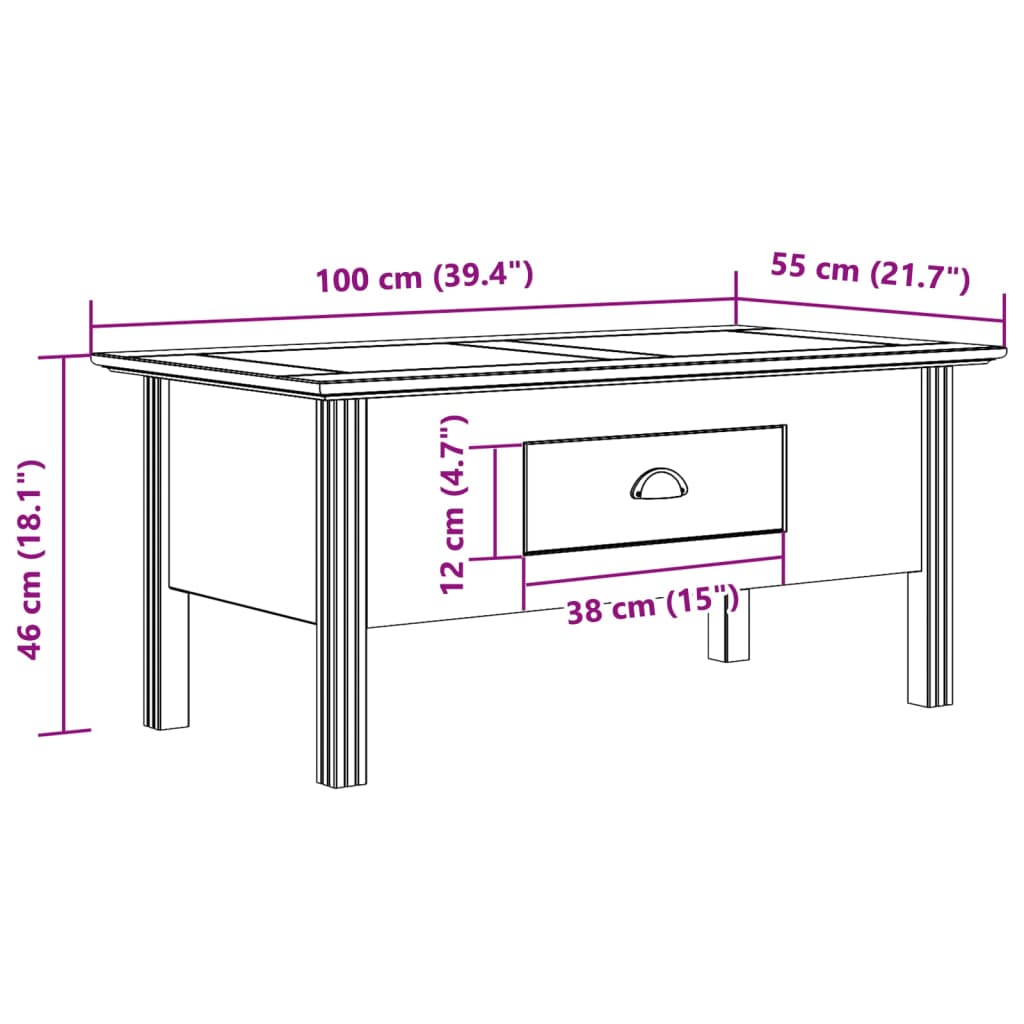 Tavolino da Salotto BODO 100x55x45cm Legno Massello Pino Bianco 355068