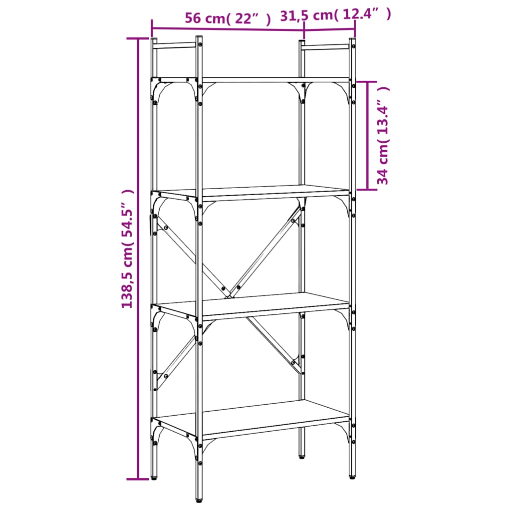 Libreria 4 Ripiani Nera 56x31,5x138,5 cm Legno Multistrato 833338