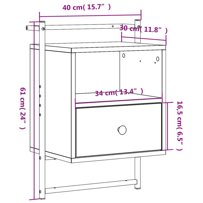 Comodino a Muro Nero 40x30x61 cm Legno Multistrato 833433