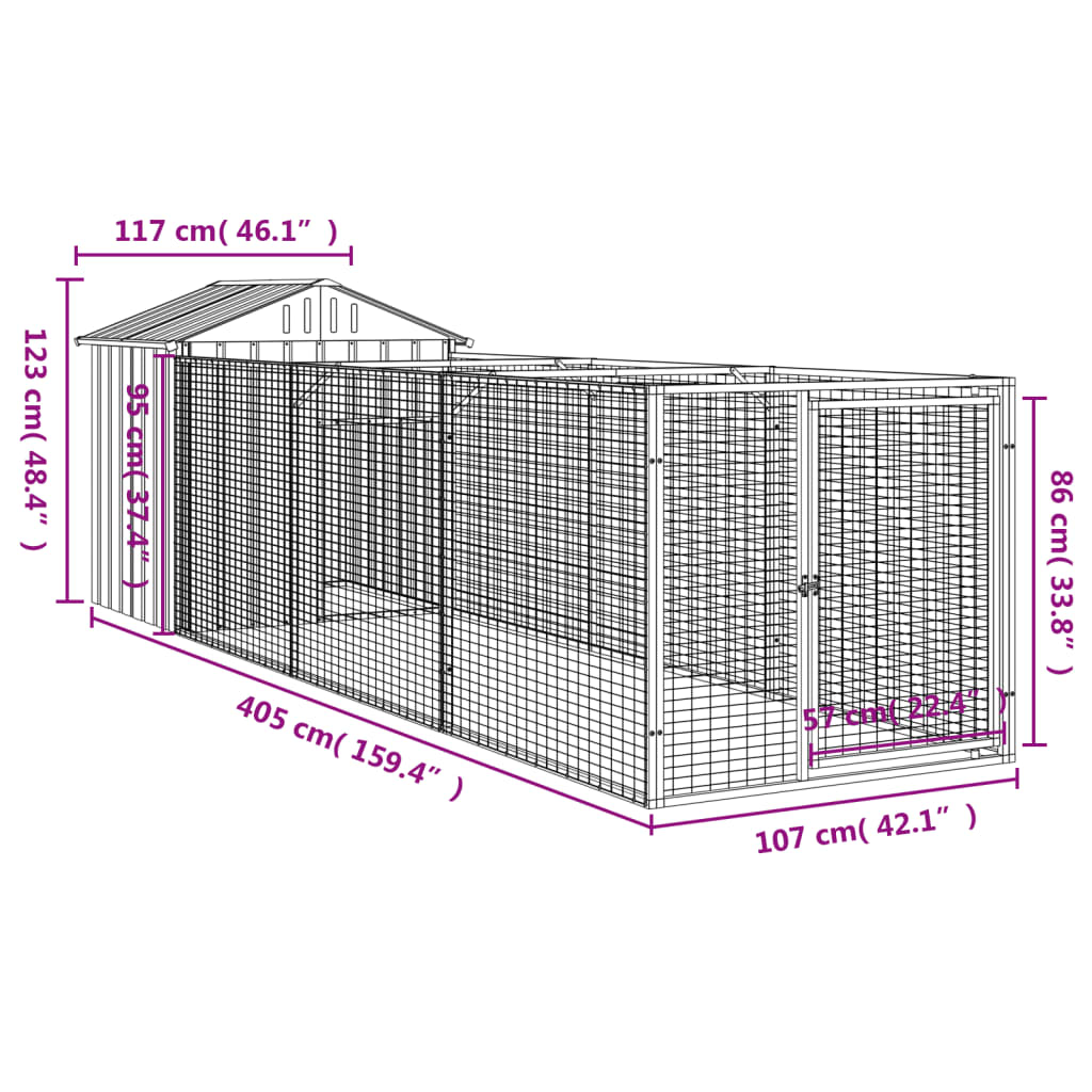 Casetta Cani Tetto Grigio Chiaro 117x405x123 cm Acciaio Zincato 3189064