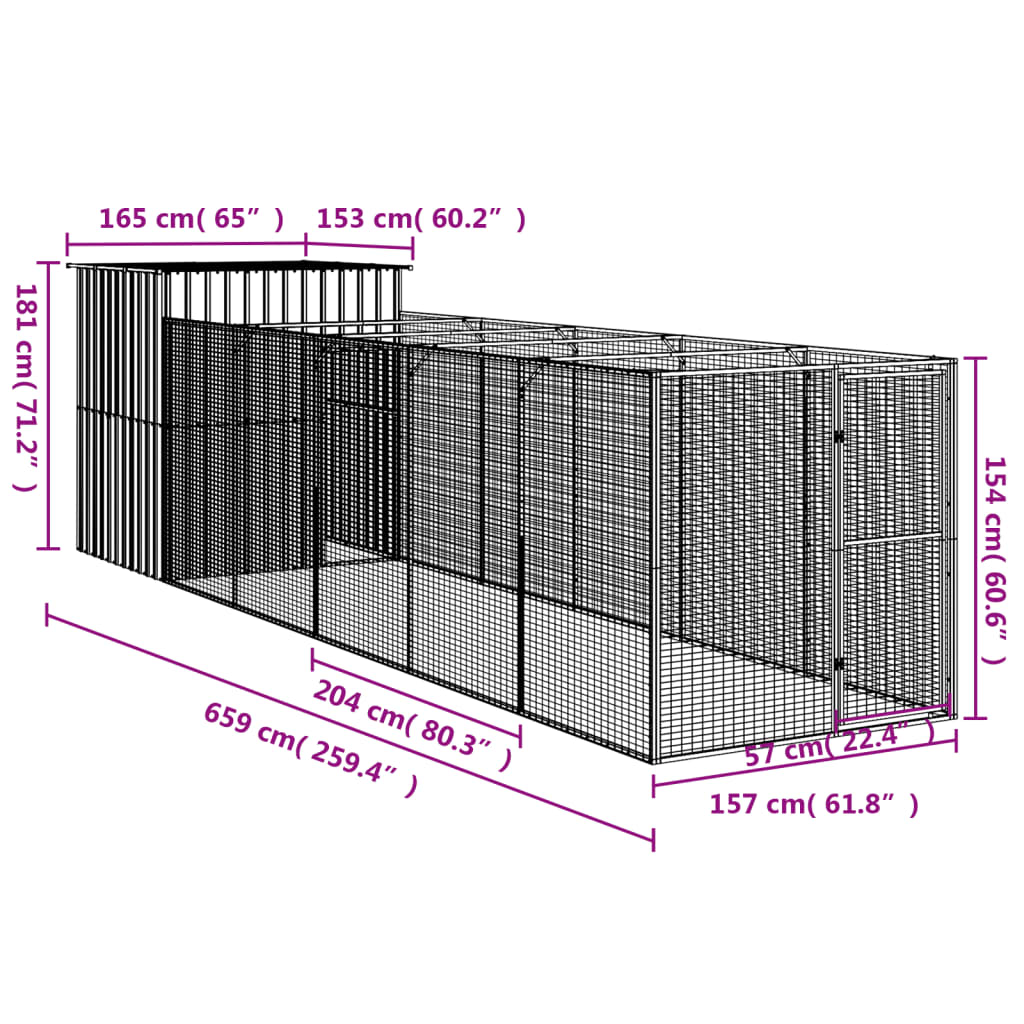 Casetta Cani con Corsa Antracite 165x659x181 cm Acciaio Zincato 3189100