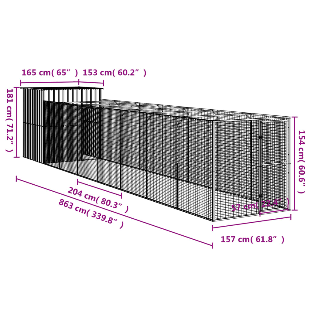 Casetta Cani con Corsa Antracite 165x863x181 cm Acciaio Zincato 3189101