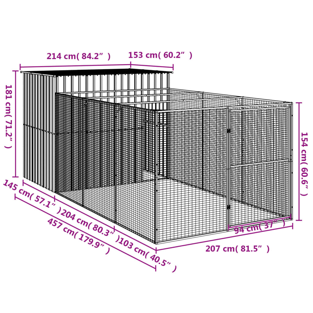 Casetta Cani con Corsa Antracite 214x457x181 cm Acciaio Zincato 3189120