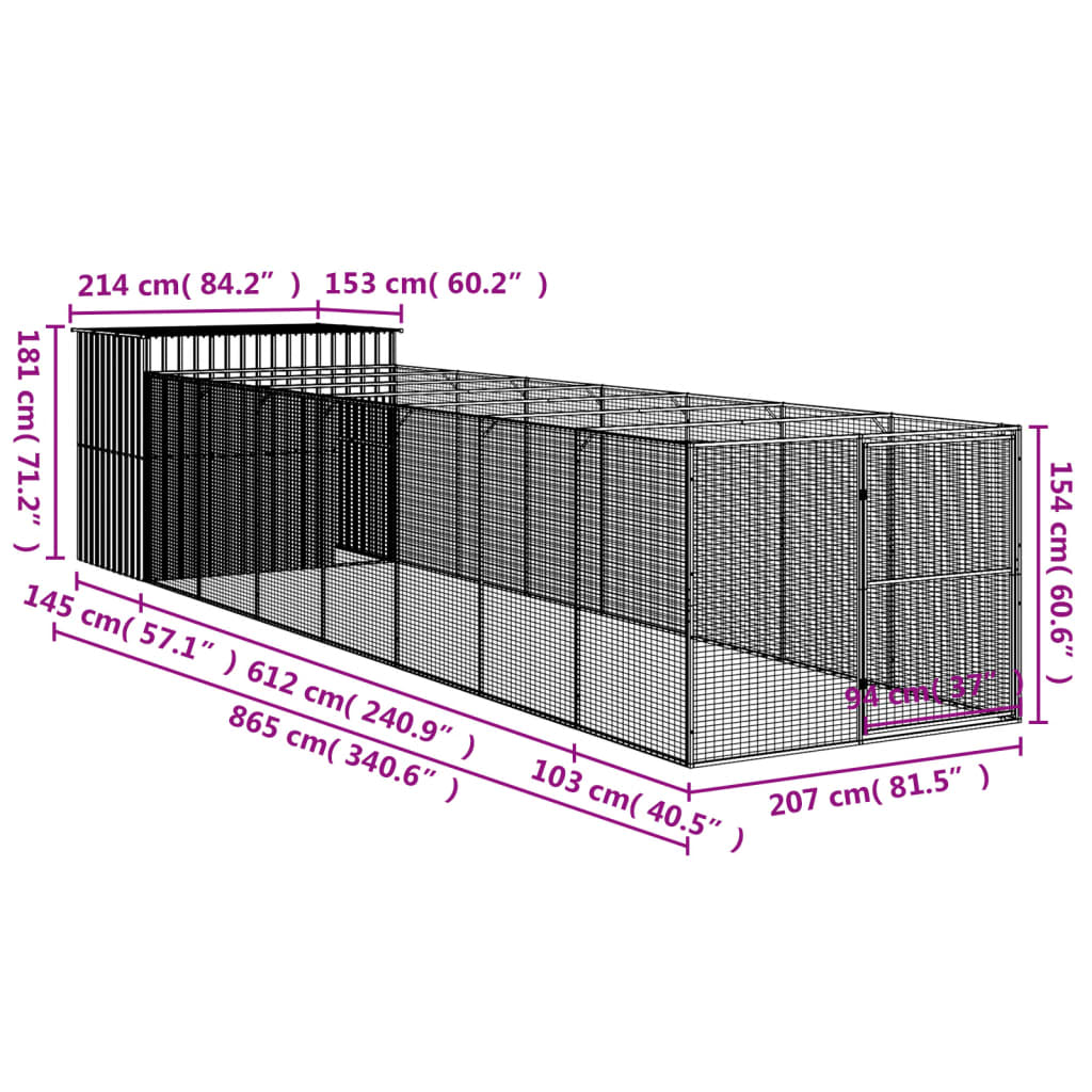 Casetta Cani con Corsa Antracite 214x865x181 cm Acciaio Zincato 3189122