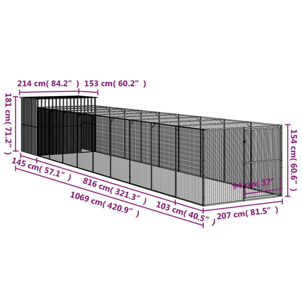 Casetta Cani con Corsa Antracite 214x1069x181cm Acciaio Zincato 3189123