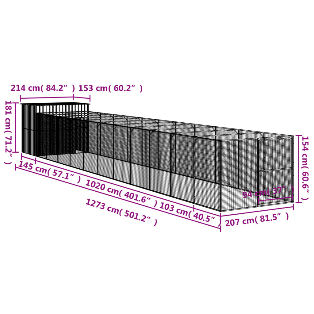 Casetta Cani con Corsa Antracite 214x1273x181cm Acciaio Zincato 3189124