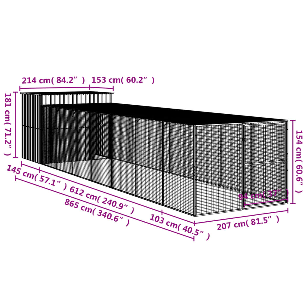 Casetta Cani con Corsa Antracite 214x865x181 cm Acciaio Zincato 3189134