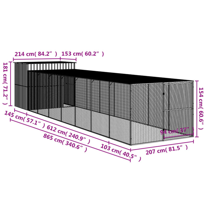 Casetta Cani con Corsa Antracite 214x865x181 cm Acciaio Zincato 3189134