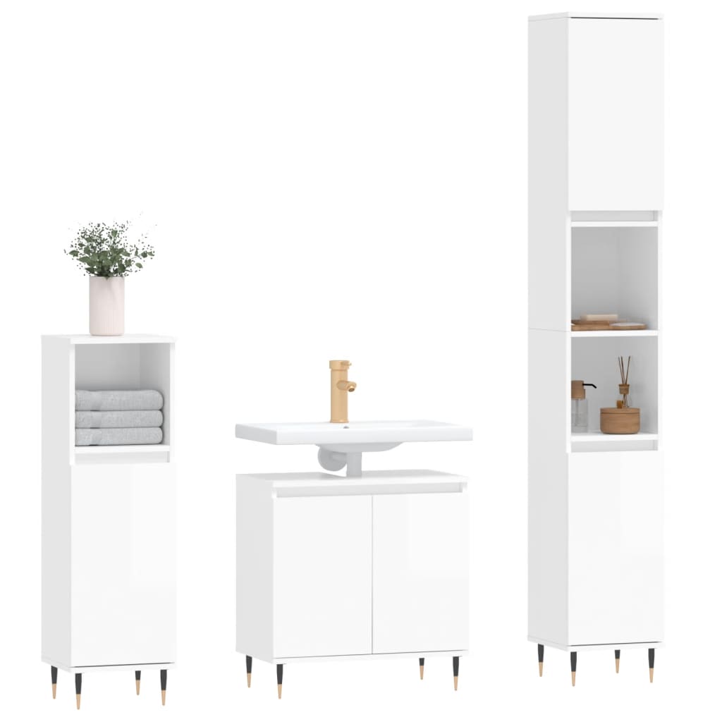 Set Mobili da Bagno 3 pz Bianco Lucido in Legno Multistratocod mxl 77533