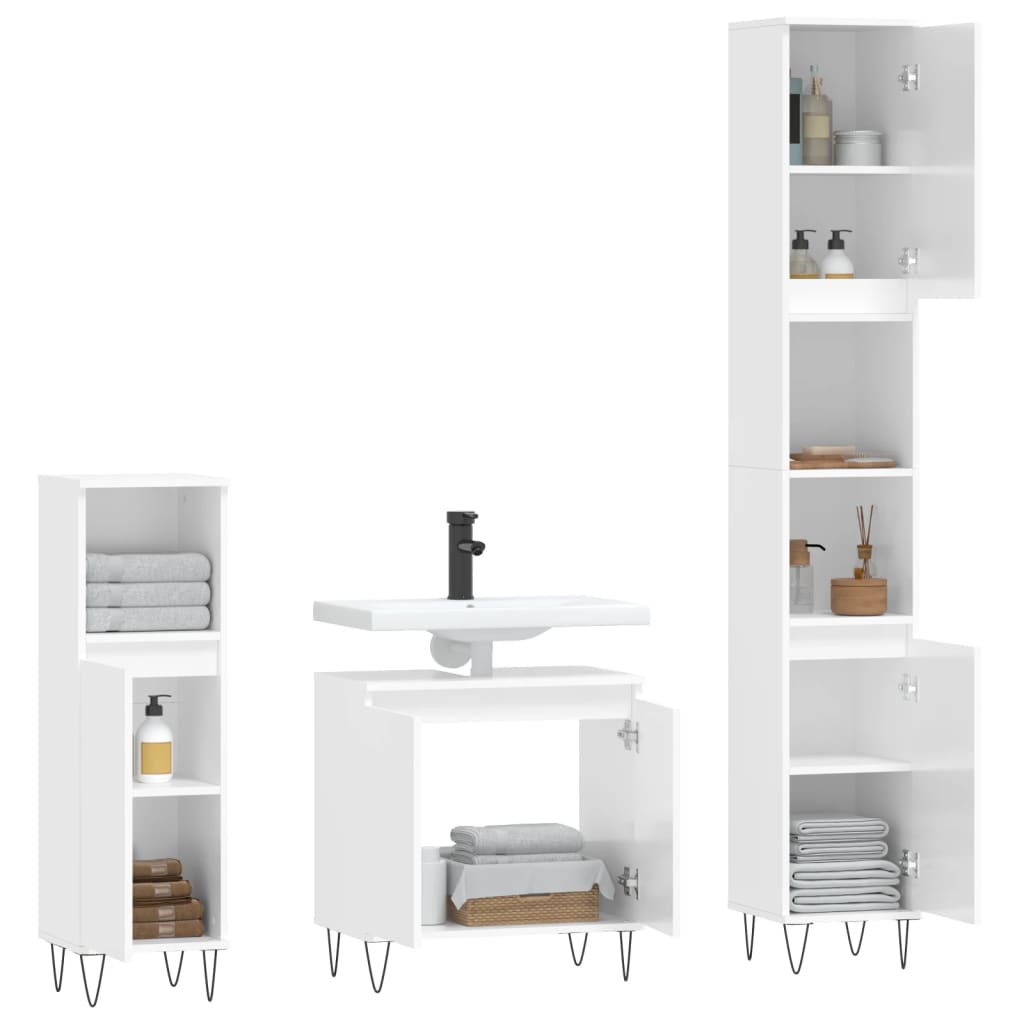 Set Mobili da Bagno 3 pz Bianco Lucido in Legno Multistrato 3190277