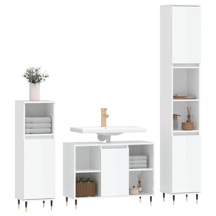 Set Mobili da Bagno 3 pz Bianco Lucido in Legno Multistrato 3190293