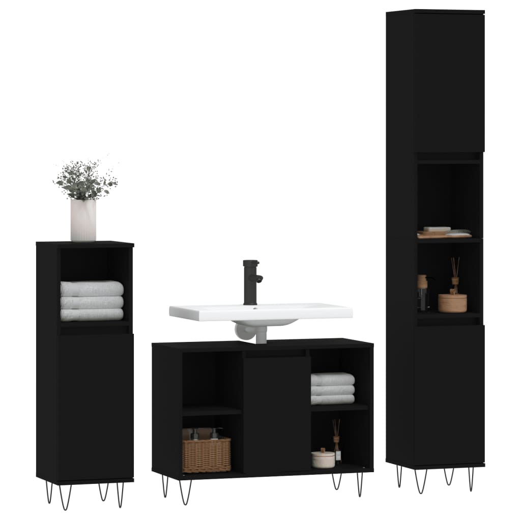 Set Mobili da Bagno 3 pz Nero in Legno Multistratocod mxl 125955