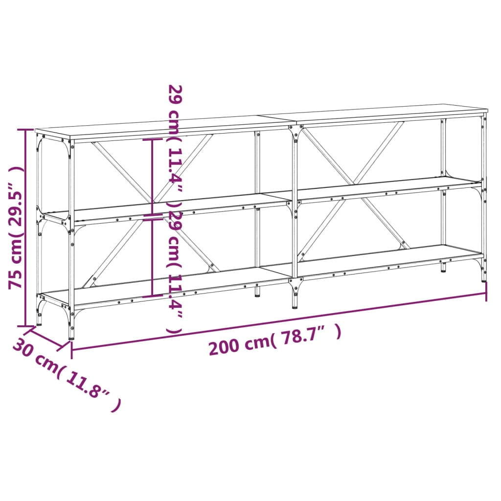 Tavolino Grigio Sonoma 200x30x75cm in Legno Multistrato e Ferro 832861