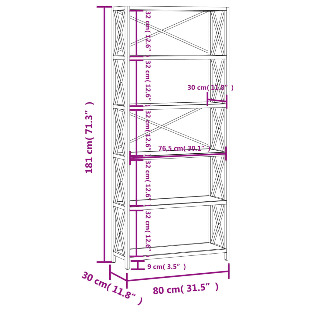 Scaffale a 6 Ripiani 80x30x181 cm in Legno Massello di Rovere 353813