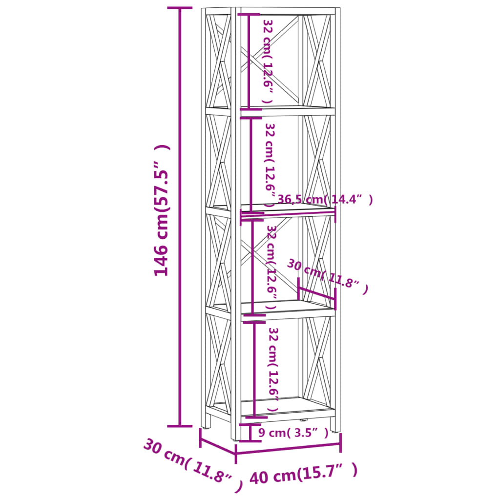 Scaffale a 5 Ripiani 40x30x146 cm in Legno Massello di Rovere 353816