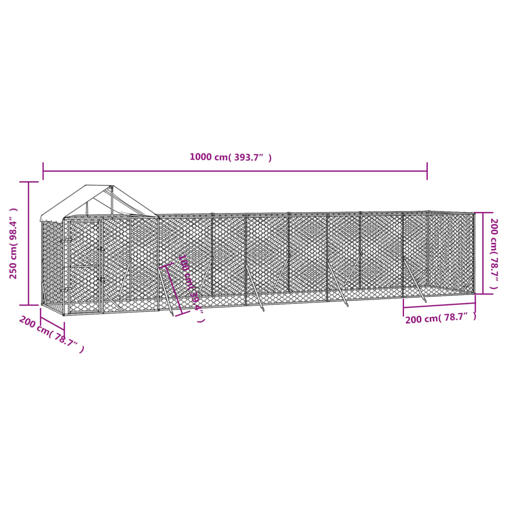 Cuccia Cani da Esterno Tetto Argento 10x2x2,5 m Acciaio Zincato 3190468