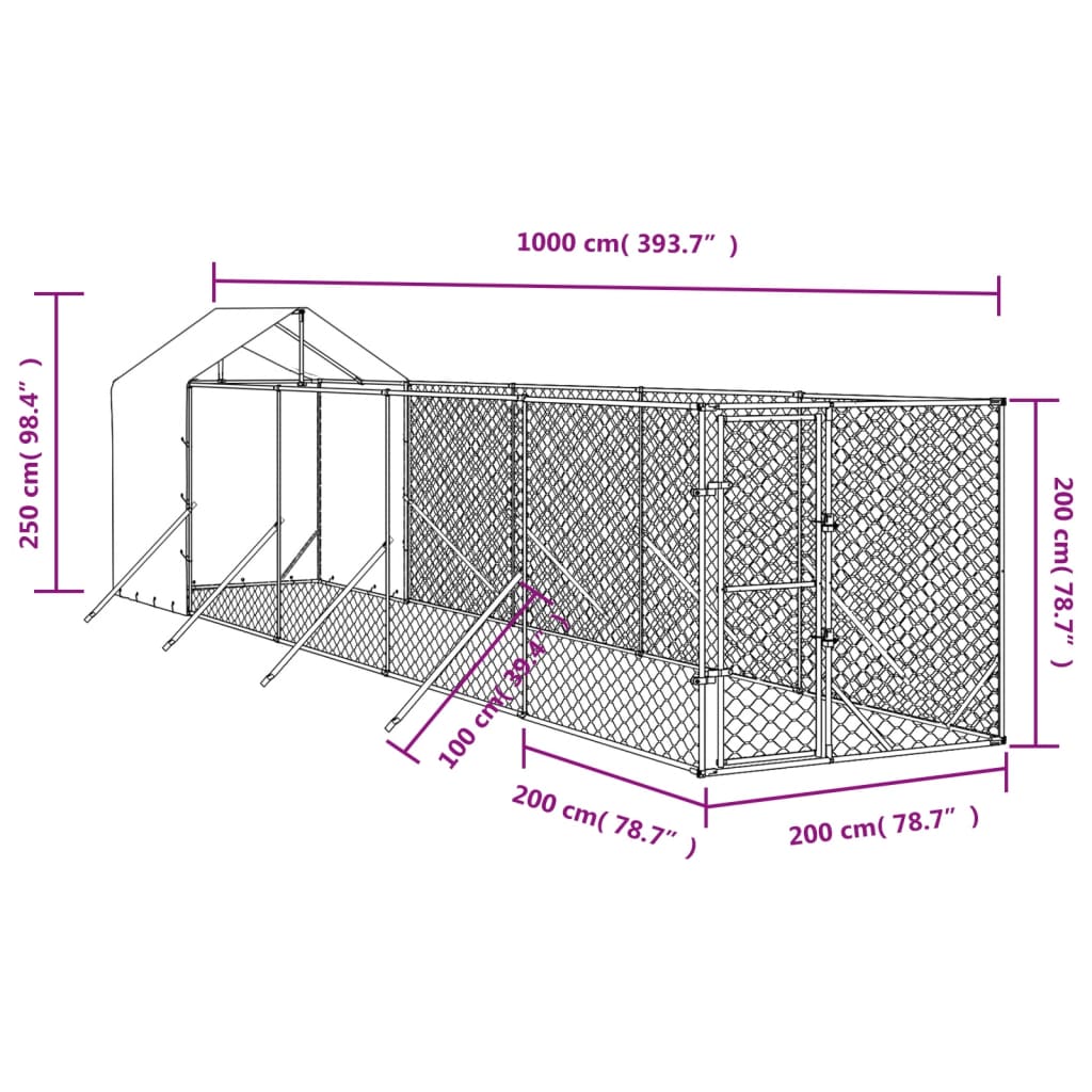 Cuccia Cani da Esterno Tetto Argento 2x10x2,5 m Acciaio Zincato 3190476