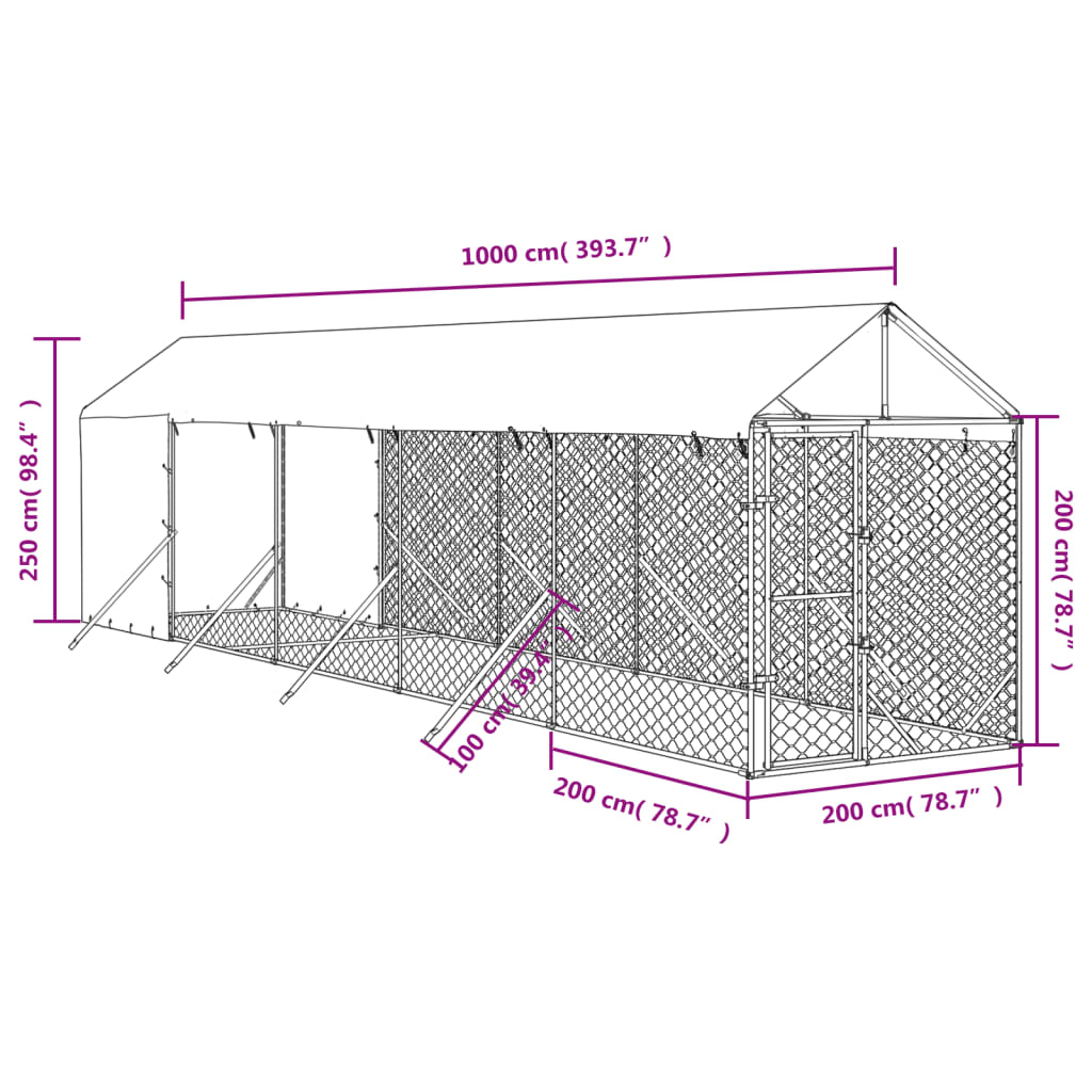 Cuccia Cani da Esterno Tetto Argento 2x10x2,5 m Acciaio Zincato 3190492