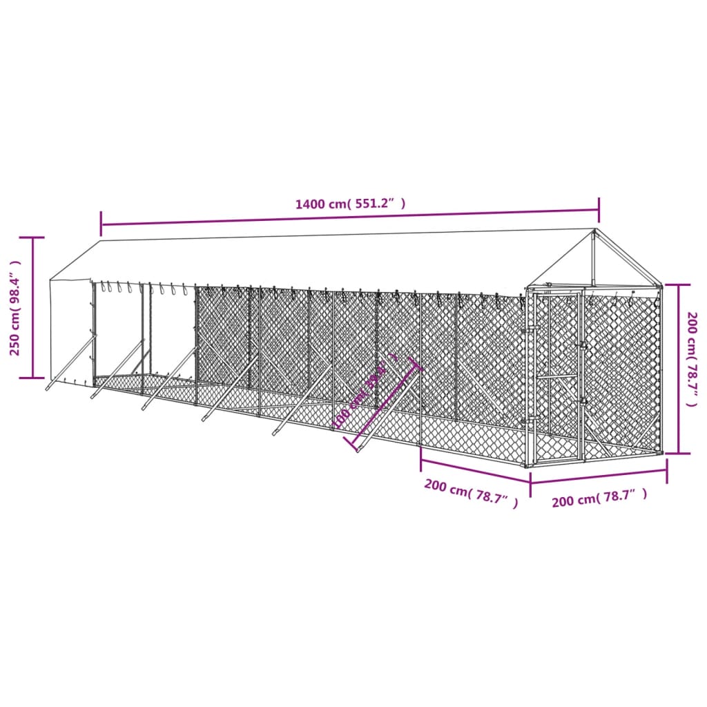 Cuccia Cani da Esterno Tetto Argento 2x14x2,5 m Acciaio Zincato 3190493