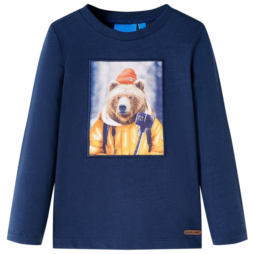 Maglietta da Bambino Maniche Lunghe Stampa Orso Blu Marino Mélange 92 12764