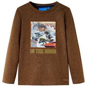 Maglietta Bambini Maniche Lunghe Stampa Dinosauro Cognac Mélange 128 12832