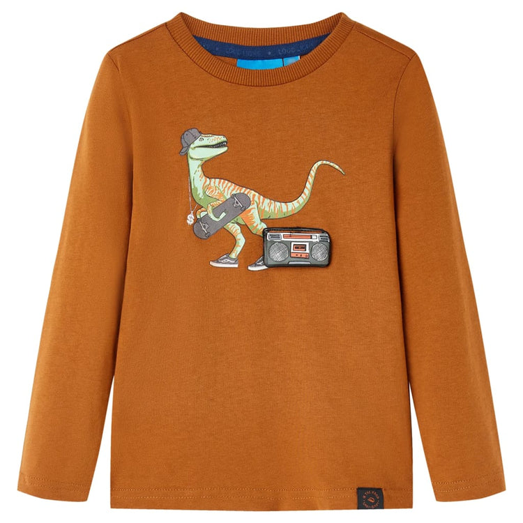 Maglietta da Bambino a Maniche Lunghe con Stampa Dinosauro Cognac 92 12834