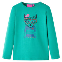 Maglietta Bambina Maniche Lunghe con Stampa Gatto Verde Brillante 92 13579